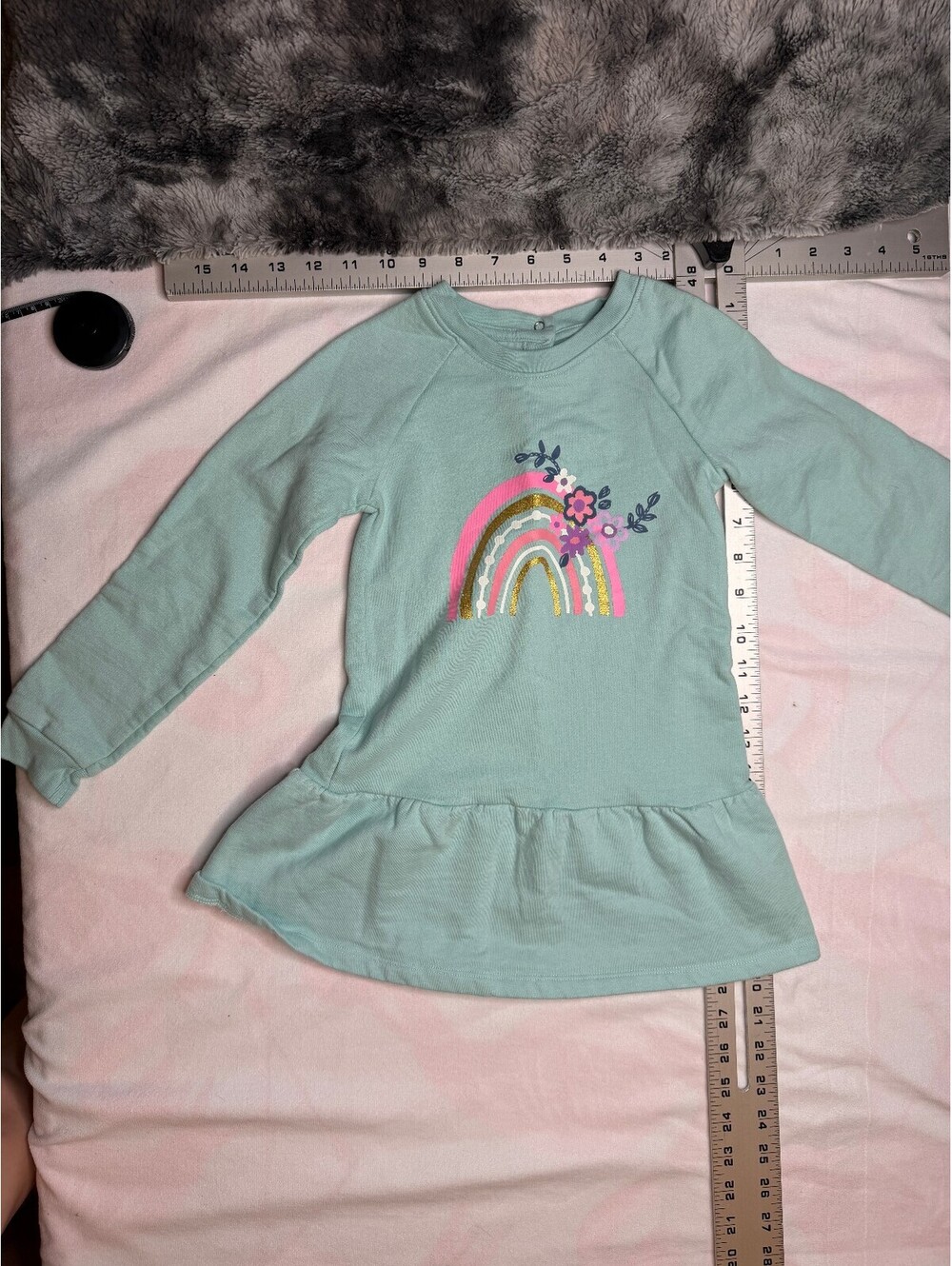 Koala Kids Toddler Size 4T Mint Green Rainbow Floral Fleece Lined Ruffle Dress